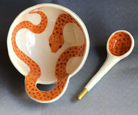 I made this tiny snake bowl and spoon. Snake Pottery, Tiny Snake, Snake Painting, Christmas Ceramics, Pottery Spoon, Littleton Colorado, Tiny Bowls, Clay Bowl, Ceramic Spoons