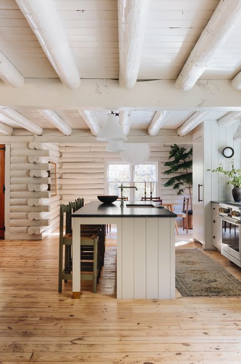 LOG CABIN — Jean Stoffer Design White Log Cabin Exterior, Log Cabin Kitchen Ideas, Michigan Cabin, White Log Cabin, Modern Log Home, Stoffer Home, Log Cabin Exterior, Jean Stoffer, White Cabin