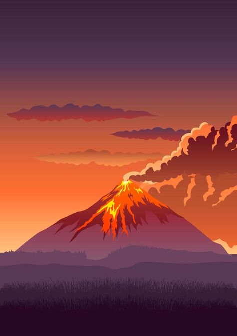 Volcano Cartoon Background, Volcano Design Ideas, Volcano Digital Art, Volcano Eruption Drawing, Volcanic Eruption Drawing, Volcanic Eruption Illustration, Volcano Background, Volcano Tattoo, Volcano Illustration