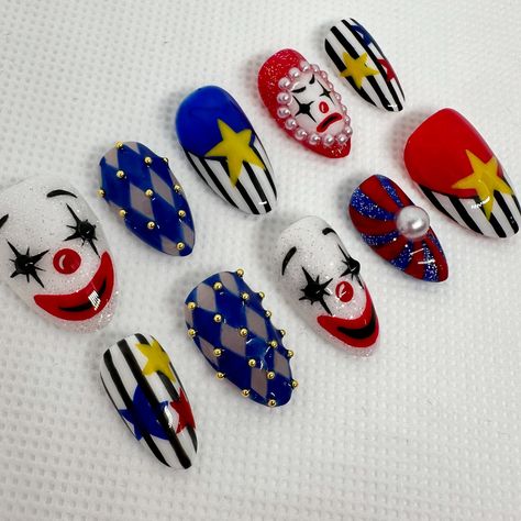 Jester Nails, Gel Fall Nail Colors, Clown Couture, Circus Nails, Clown Core, Nail Shades, Kids Nail Designs, Horror Nails, Hippie Nails