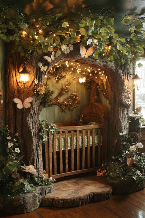 29 Modern Baby Room Themes for Trendy Parents Fairy Mushroom Nursery, Nighttime Forest Nursery, Magic Forest Nursery, Fairytale Room Decor, Fairy Themed Nursery, Nursery Forest Theme, Woodland Fairy Nursery, Fairy Nursery Theme, Forest Theme Room