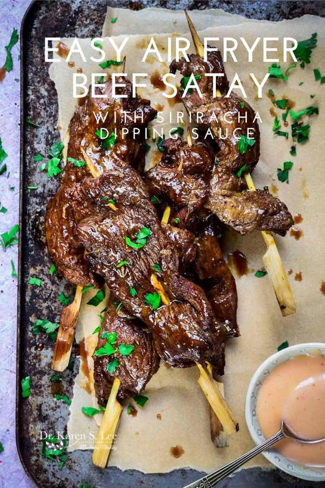 Easy Air Fryer Beef Satay Beef Skewers In Air Fryer, Thai Beef Satay Skewers, Air Fryer Beef Skewers, Steak Skewers Air Fryer, Beef Air Fryer Recipes, Beef Satay Recipe, Air Fryer Recipes Beef, Teriyaki Skewers, Beef Satay