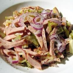 German Wurst Salad - Allrecipes.com German Appetizers, German Meat, Swiss Cuisine, Sausage Salad, Swiss Recipes, Meat Salad, Oktoberfest Party, European Food, German Food