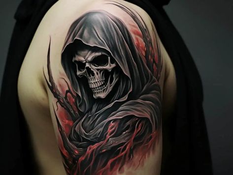 Grim Reaper Tattoo Female, Grim Reaper Tattoo Meaning, Grim Reaper Tattoos For Men, Grim Reaper Sleeve Tattoo, Gream Reaper Tattoo, Grim Reaper Tattoo Stencil, Grim Reaper Tattoo Designs Drawings, Grimm Reaper Tattoo, Tattoo Grim Reaper