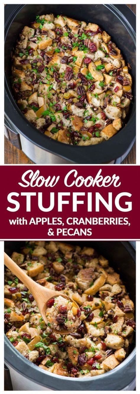 Incredible Slow Cooker Stuffing with Apples Cranberries and Pecans. Easy crockpot method that frees up the oven on Thanksgiving. Keep vegetarian or add chicken sausgage or mushrooms. #thanksgiving #stuffing #slowcooker #crockpot #veganrecipes #vegan #recipes #crockpot Health Slow Cooker Recipes, Slow Cooker Hamburger Recipes, Jambalaya Recipe Slow Cooker, Mushrooms Thanksgiving, Stuffing With Apples, Slow Cooker Stuffing, Thanksgiving Slow Cooker, Crockpot Stuffing, Cranberry Stuffing