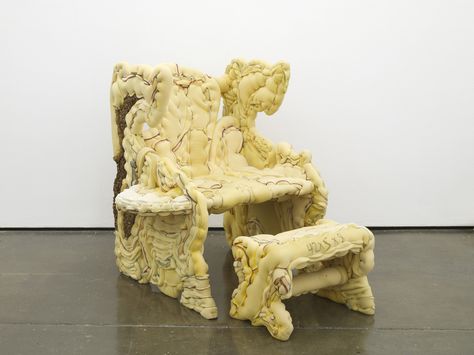 Jessie Reaves I You’re There Again Armchair 2015 Plywood, polyurethane foam, sawdust, hardware, ink 109.2 x 101.6 x 78.7 cm / 43 x 40 x 31 in Furniture Installation Art, Ceramic Chair Sculpture, Jessi Reaves, Sculpture Chair, Sculptural Furniture Chairish, Polyurethane Foam Sculpture, Chair Sculpture, Foam Furniture, Michael Dean