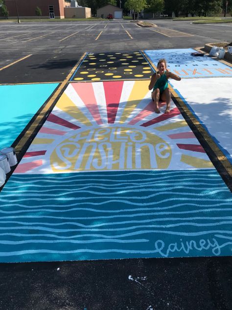 Football Senior Parking Spot, Sun Parking Spot Painting, Senior Parking Spaces Beach Theme, Sun Senior Parking Spot, Disco Ball Parking Spot, Senior Parking Spot Girly, Senior Parking Spaces Unique, Beach Senior Parking Spot, Senior Parking Space Ideas Christian