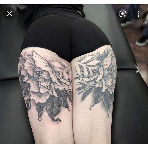 Tattoo Behind Thigh, Matching Thigh Tattoos, Inner Thigh Tattoo, Inner Thigh Tattoos, Thigh Tats, Grunge Tattoos, Back Of Thigh Tattoo, Thigh Piece Tattoos, Upper Thigh Tattoos