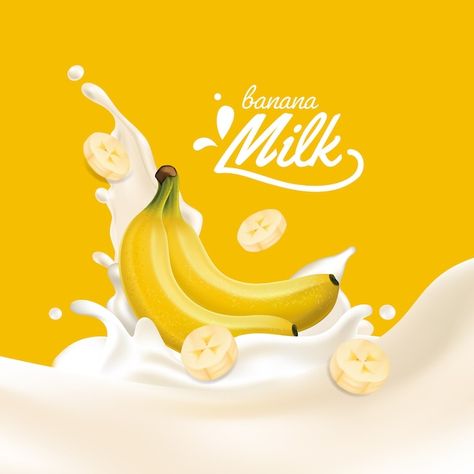 Realistic yellow banana milk splash Prem... | Premium Vector #Freepik #vector #juice-splash #juicy #fruit-splash #milk-drop Catering Logo, Cartoon Banana, Fruit Splash, Banana Blossom, Decent Wallpapers, Ice Cream Packaging, Banana Drinks, Yellow Banana, Milk Splash