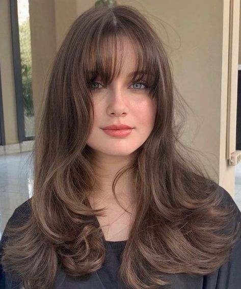 Long Layered Cut with See Through Bangs Round Face Hairstyles Long, Bangs For Round Face, Bangs With Medium Hair, Haircuts For Medium Hair, Haircuts Straight Hair, Long Hair With Bangs, Long Wavy Hair, Long Straight Hair, Hairstyles For Round Faces