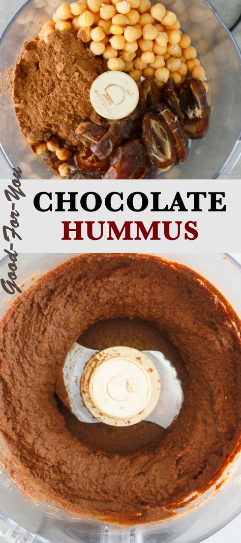 an open food processor with creamy chocolate hummus made with healthy ingredients Vegan Chocolate Hummus, Homemade Chocolate Hummus, Chocolate Hummus Recipes Healthy, Dark Chocolate Hummus Recipe, Garbanzo Bean Hummus Recipe, Healthy Chocolate Hummus, Chocolate Hummus Charcuterie Board, Chocolate Hummus Recipes, Simple Hummus Recipe