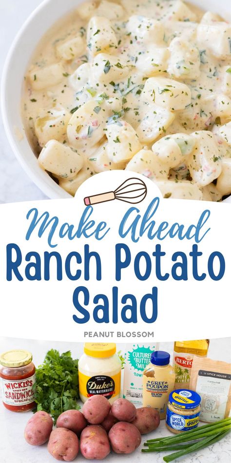 You can prep this creamy ranch potato salad ahead of time and keep it for 2 days in the fridge before serving. Crumble up some bacon to turn it into a bacon ranch potato salad, too! The fresh herb ranch dressing is very easy but the recipe includes a ranch seasoning packet substitution. Ranch Potato Salad Recipe, Ranch Dressing Potato Salad, Ranch Dressing Potatoes, Herb Ranch Dressing, Guy Food, Bacon Ranch Potato Salad, Making Potato Salad, Ranch Potato Salad, Bacon Ranch Potatoes