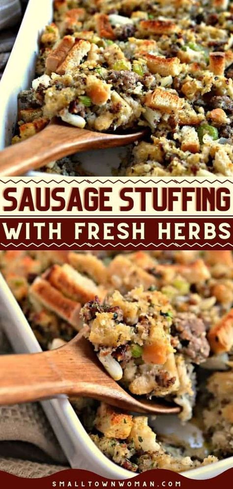 Thanksgiving Recipes Side Dishes Easy, Sausage Stuffing Recipe, Fresh Herb Recipes, Thanksgiving Side Dishes Easy, Sausage Stuffing, Sage Sausage, Thanksgiving Side Dish, Herb Stuffing, Thanksgiving Recipes Side Dishes