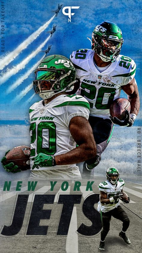 New York Jets Running Back Breece Hall on a mobile phone wallpaper background graphic with text overlay "New York Jets Ready for Takeoff" Breece Hall Wallpaper, Wallpaper Of New York, New York Jets Wallpaper, Nfl Aesthetic, Breece Hall, Nfl Jets, Nfl Wallpaper, Nfl Logos, New York Jets Football