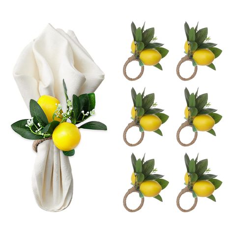 PRICES MAY VARY. High-Quality Material: These lemon napkin rings are made of durable plastic and hemp rope, ensuring their long-lasting use and resistance to wear and tear. Vibrant and Realistic: The lemon napkin rings feature brightly colored lemons, adding a touch of vibrancy and a refreshing summer feel to your banquet, wedding, birthday, or Christmas table decorations. Handcrafted Design: Each lemon napkin ring is meticulously handmade, showcasing exquisite craftsmanship and attention to det Summer Dinner Decor, Lemon Napkin Rings, Wedding Themes Outdoor, Dinner Party Table, Christmas Dinner Party, Dinner Table Decor, Lemon Decor, Dinner Decoration, Kitchen Fabric