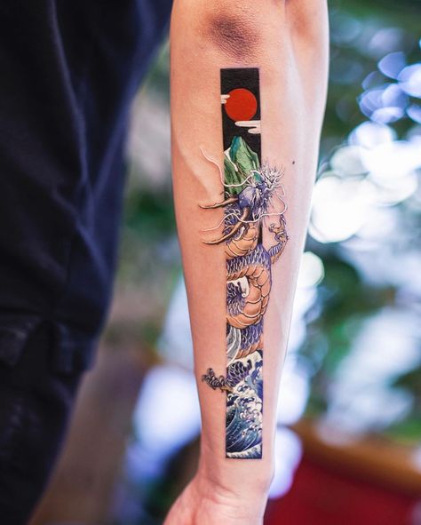 Creative Forearm Tattoos For Men, Japanese Frame Tattoo, Blue Tattoo Men, Frame Tattoo Ideas, Back Arm Tattoo For Men, Framed Tattoo Ideas, Men’s Forearm Tattoos, Chinese Tattoo Ideas, Dragon Forearm Tattoo