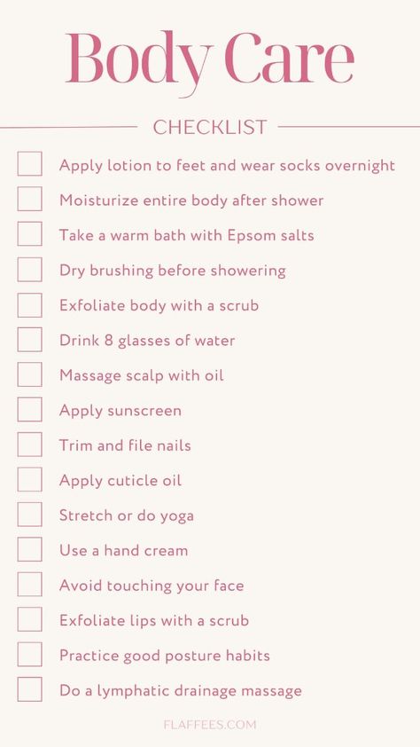 #affiliate Ultimate Body Care Checklist for Radiant Skin & Wellness in 2024 | Body care, How to do yoga, Body exfoliator Self Maintenance Checklist, Weekly Selfcare Checklist, Skin Care Routine Printable, Things For Self Care, Body Care List, Weekly Shower Routine, Body Brushing Before And After, Self Care Checklist Aesthetic, Skin And Body Care Tips