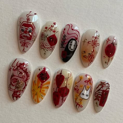 press on nails • nail design art | custom set ; studio ghibli x cny all hand drawn and hand written 😛😛 SGD145 | Instagram Japan Nail Art, Disneyland Nails, Japan Nail, Asian Nails, Anime Nails, Cute Nail Art Designs, Seasonal Nails, Cute Nail Art, Chic Nails