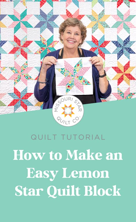 Watch this easy 8 Point Lemon Star Quilt Block Tutorial. Jenny Doan demonstrates how to make a gorgeous eight point star block using Vintage Happy 2 5" Stackers by Lori Holt for Riley Blake. 5 Square Quilt Block, Jenny Doan Quilt Tutorials, 8 Point Star Quilt Pattern, Missouri Star Tutorials, Lemoyne Star Quilt Block Tutorials, Lemoine Star Quilt Block, Patchwork Quilt Patterns Free, Lemoyne Star Quilt Pattern Free, Loan Star Quilt Pattern