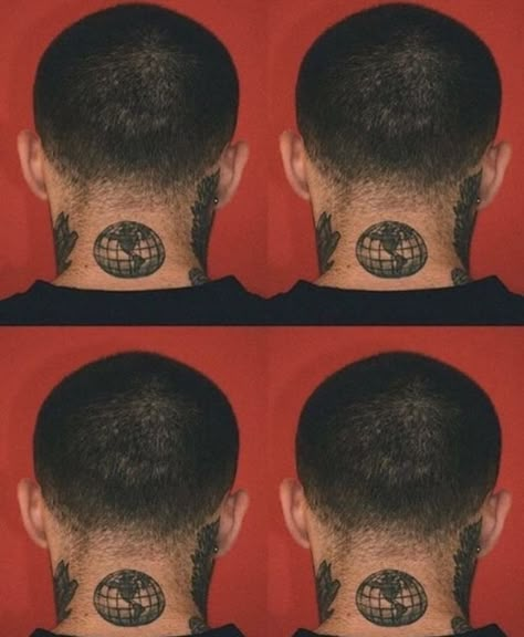 The world is so small  Back of neck tattoo, globe, earth Mac Miller Neck Tattoo, Small Worlds Mac Miller Tattoo, Come Back To Earth Tattoo Mac Miller, Macadelic Tattoo, Small Worlds Mac Miller, Tattoos Back Of Neck, Earth Tattoos, Tattoo Back Of Neck, Back Neck Tattoo