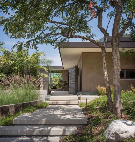 Serene midcentury modern home remodel in Southern California Midcentury House Exterior, Modern Home Remodel, Entry Courtyard, Schindler House, Concrete Siding, Mid Century Modern Exterior, Mid Century Exterior, Midcentury House, Eames House