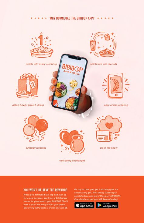 Creative direction and development for the launch of BIBIBOP Asian Grill's app update included digital layout, illustration, and UX design. App Design, Development, & Marketing; food service; UX App Campaign Design, App Launch Ads, App Promotion Design Social Media, App Poster Design Ideas, App Launch Poster Design, App Launch Design, App Ads Design, Problem Solution Design, Performance Marketing Creative Ads