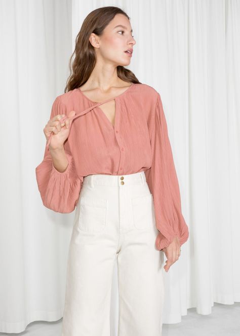 Wardrobe Planner, Sheer Long Sleeve, Chic Blouses, Simply Chic, Gathered Sleeves, Tie Blouse, Spring Wardrobe, V Cut, Pink Blouse