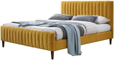 Amazon.com: Omax Decor Spencer Modern Upholstered Platform Bed with Vertical Channel Tufted Headboard and Footboard | Box Spring Not Required | Mustard, King Bed Frame : Home & Kitchen Mustard Bed, Channel Tufted Headboard, Mustard Bedding, King Bed Frame, Queen Bed Frame, Tufted Headboard, Spare Bedroom, King Bed, Upholstered Platform Bed