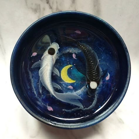 Moon Table Decor, Ocean And Moon, Tui And La, Koi Fish Resin, Yin Yang Fish, Anting Manik, Ceramic Projects, Koi Art, Resin Artwork