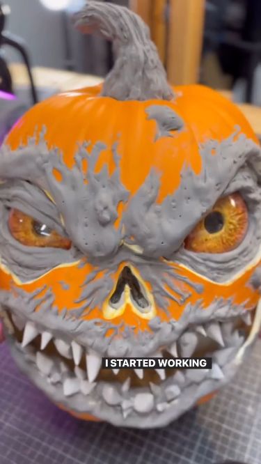 Monster Clay Ideas, Carvable Pumpkin Ideas, Foam Clay Sculpture, Foam Pumpkin Carving Ideas, Carvable Foam Pumpkins Ideas, Foam Pumpkin Ideas, Foam Pumpkin Decorating Ideas, Clay Pumpkin Diy, Steampunk Pumpkins