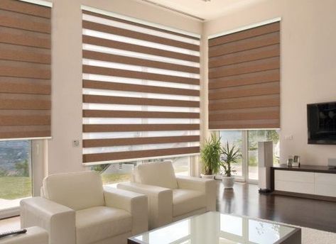 The use of Zebra Blinds in homes across North America is becoming a more and more common sight. Their versatility and compliment to curtains have made them a great addition to any home. Persiana Sheer Elegance, Roller Blinds Living Room, Blinds For Windows Living Rooms, Cortina Roller, Zebra Blinds, Living Room Blinds, Horizontal Blinds, Day Night Blinds, Night Blinds