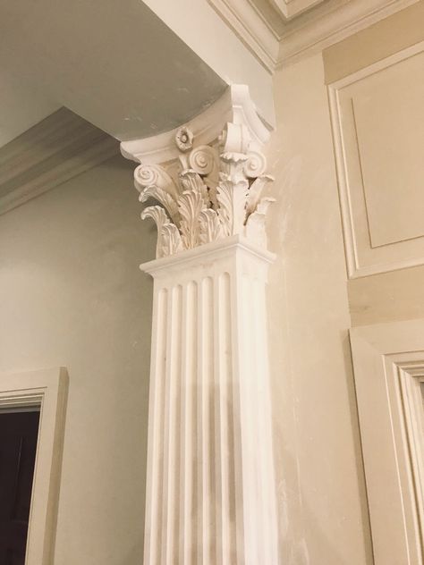 A bespoke Corinthian Column with fluted pilaster and Acanthus leaf enriched Capital. Creates an elegant classical look, in the grand entrance hall to a North Yorkshire country home. Columns Interior, Corinthian Column, Entrance Hall, Acanthus Leaf, Grand Entrance, Wood Wall Decor, Victorian Era, Wood Decor, Wood Wall