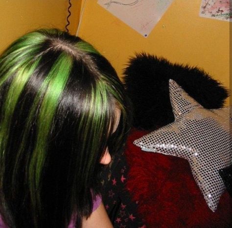 Green Chunky Highlights, Skunk Hair, Chunky Highlights, 90s Goth, Goth Hair, Hair Streaks, Dyed Hair Inspiration, Emo Hair, Pretty Hair Color