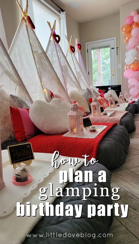 Indoor Camping Party, Glamping Birthday Party, Glamping Birthday, Party Girls Night, Indoor Birthday, Glamping Party, Winter Birthday Parties, Sleepover Birthday Parties, Camping Birthday Party