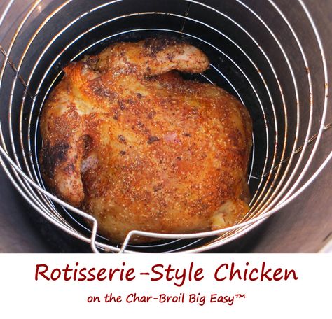 I’ve been hankerin’ for that rotisserie chicken flavor, but without having to get a rotisserie accessory for my grill. The solution? Rotisserie-style chicken done up right on the Char-Broil Big Easy. As with all chicken done on the Big Easy, the end result is moist, tender and packed with flavor. And yes, it has the best crispy skin ever! Charbroil Big Easy Recipes Turkey, Char Broil Oil Less Fryer Recipes, Big Easy Oil Less Fryer Recipes, Big Easy Cooker, Whole Chicken On Rotisserie Bbq, Reheat A Rotisserie Chicken, Reheat Rotisserie Chicken, Big Easy Turkey Fryer, Charbroil Big Easy Recipes