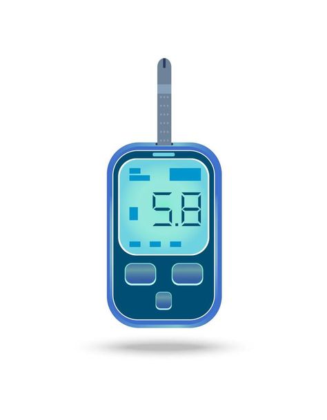 Glucose meter with a test strip for analysis. Device for self monitoring of glucose level in blood, showing 5.8 result in the screen. Healthy habit symbol. Isolated cartoon object for prints Blood Glucose Levels Chart, Glucose Levels Charts, Blood Glucose Chart, Lower Sugar Levels, Blood Sugar Solution, Blood Glucose Meter, Blood Glucose Monitor, Self Monitoring, Fiber Rich Foods