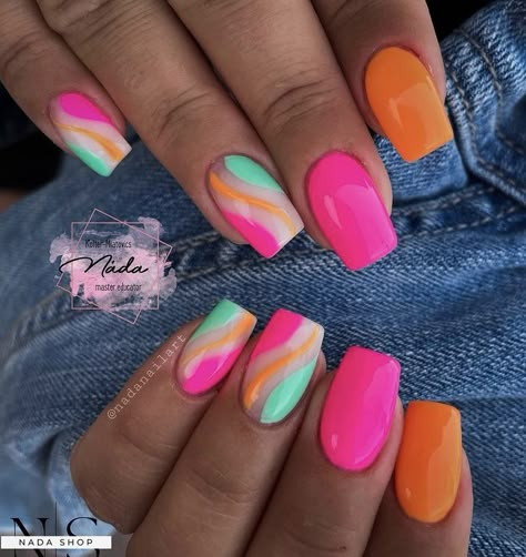 Pink Orange And Blue Nails, Cruise Nails, Classic Nail, August Nails, Sassy Nails, 2024 Nails, Stunning Nail Designs, Colorful Nail, Vibrant Nails