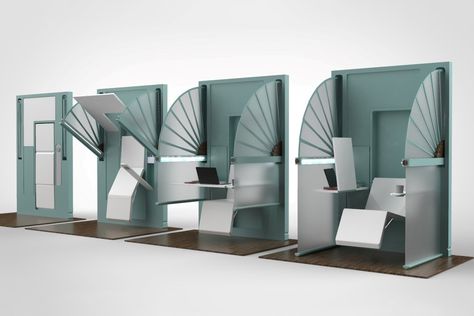 This self-isolating fold-out work-cubicle turns any wall into a safe workspace Office Cube, Work Cubicle, Corporate Interior Design, Creative School Project Ideas, Warehouse Design, Clever Gadgets, Corporate Interiors, Stall Designs, Hanger Design