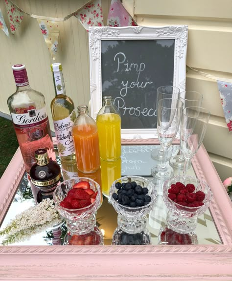 Hen Do House Party, Prosecco Party Ideas, Classy Hen Do Decorations, Prosecco Bar Wedding, Garden Party Hen Do, Hen Do Cocktails, Hen Do Table Decorations, Pjs And Prosecco Party, Prosecco Station