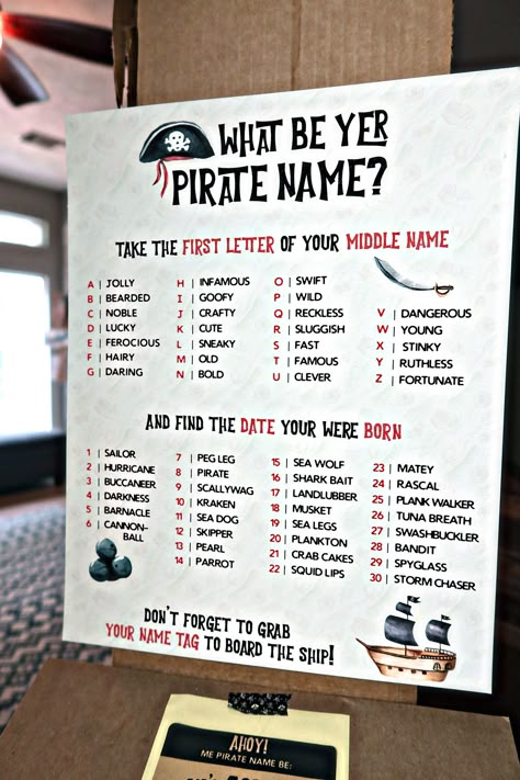 What's your pirate name game for kids pirate party Pirate Harbor, Pirate Name, Pirate Party Games, Pirate Halloween Party, Kids Pirate Party, Pirate Names, Pirate Photo, Pirate Themed Birthday, Fifth Birthday