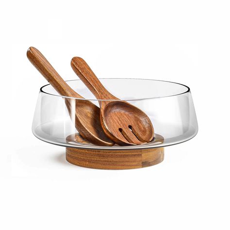 Glass Salad Serving Bowl: This elegant and transparent design makes your salad look even more appealing, enhancing your dining aesthetics. Wooden Salad Bowl, Large Salad, Salad Serving Set, Salad Bowls Set, Styling A Buffet, Large Salad Bowl, Serving Utensils, Salad Bowl, Serving Set