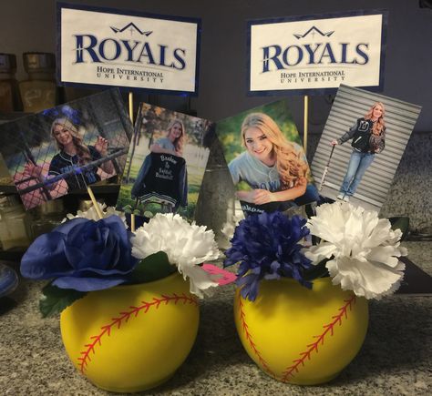 College Softball Centerpieces Softball Centerpieces, Softball Party Decorations, Softball Banquet, Softball Room, Sport Crafts, Softball Sign, Softball Birthday, Softball Decorations, Sports Centerpieces