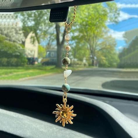 Amazon.com: Sun Hanging Car Charm,Green and Gold Rear View Mirror Accessories Cute Boho Dangling Sun Car Decor Handmade Healing Crystals Stones Ornament Gifts for Women Men (Green) : Automotive Car Crystals, Car Hanging Accessories, Car Charms Rear View Mirror, Mirror Car Accessories, Hippie Car, Stylish Tips, Girly Car Accessories, Mirror Accessories, Car Deco