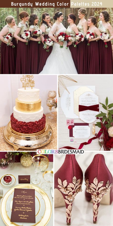 Burgundy, gold and white wedding color combos inspirations for 2024: burgundy and gold bridesmaid dresses, white bridal gown, burgundy bridal shoes with rose gold embelishments, burgundy and blush wedding bouquets, burgundy, gold and white wedding cakes, white and burgundy wedding invitations in some gold accents, burgundy napkins, wedding dinnerware with gold accents. #weddingcolors #weddingideas #burgundyweddings #colsbm #2024 #bridesmaiddresses #goldwedding #burgundyandgold White Burgundy Gold Wedding, Burgundy Gold And White Wedding, Burgundy Gold Gray Wedding, Burgundy Cream And Gold Wedding Decor, Wine And Gold Wedding, Burgundy Blush And Gold Wedding Color Palettes, White And Burgundy Wedding, Wedding Bouquets Burgundy, Burgundy Napkins