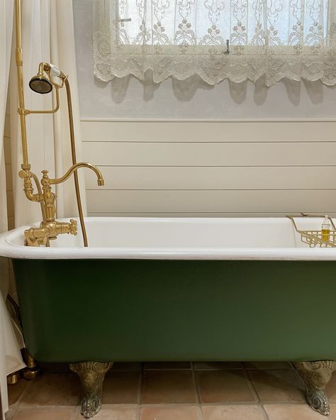 A clawfoot tub and antique lace making my mother’s new build feel perfectly aged. #vintagetub #clawfoottub #clawfoottubinspo #greenclawfoottub #vintagebathroom #lacecurtains #bathroominspiration Corner Clawfoot Tub, Green Clawfoot Tub, Vintage Tub, School Of Life, Room Deco, Clawfoot Tub, Lace Curtains, April 3, Vintage Bathroom