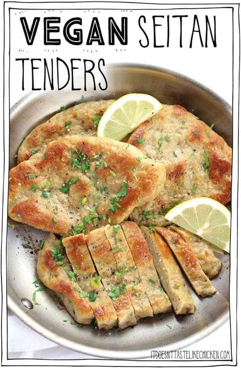 Vegan Seitan Tenders! This homemade vegan seitan chicken recipe is easy to make, just 8 ingredients, can be made ahead of time, and once prepared can be used any way that you might have cooked chicken- marinate, bread, fry, crust, bake, grill, BBQ, the options are endless!!! #itdoesnttastelikechicken #veganrecipes #seitan Seitan Chicken, Homemade Seitan, Vegan Seitan, Seitan Recipes, Vegan Keto, Seitan, Idee Pasto Sano, Alfredo Sauce, Vegan Cooking