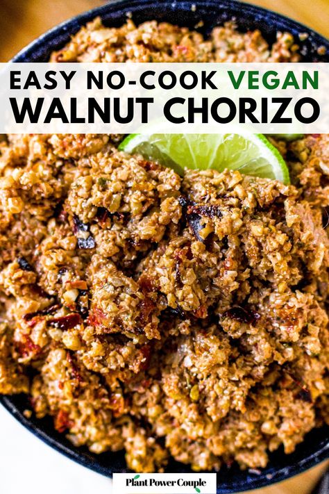 Spice up your plant-based meals with our no-cook Vegan Walnut Chorizo! Made in a snap using walnuts, soy sauce, lime juice, and a flavorful blend of spices, it's perfect for burritos, tacos, salads, wraps, and more! Easy, tasty, and a versatile vegan option. Let the walnut fiesta begin! Walnut Chorizo, Raw Vegan Recipes Easy, Walnut Meat, Chorizo Recipe, Vegan Meat Recipe, Vegan Chorizo, Chorizo Recipes, Vegan Party Food, Vegan Mexican Recipes