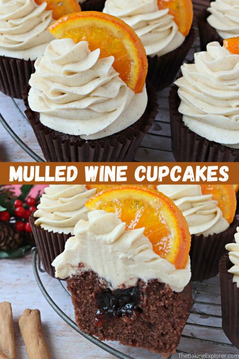 Recipe For Mulled Wine, Wine Jam, Wine Cupcakes, Spiced Buttercream, Candied Orange Slices, Mulled Wine Recipe, Wine Chocolate, Candied Orange, Filled Cupcakes