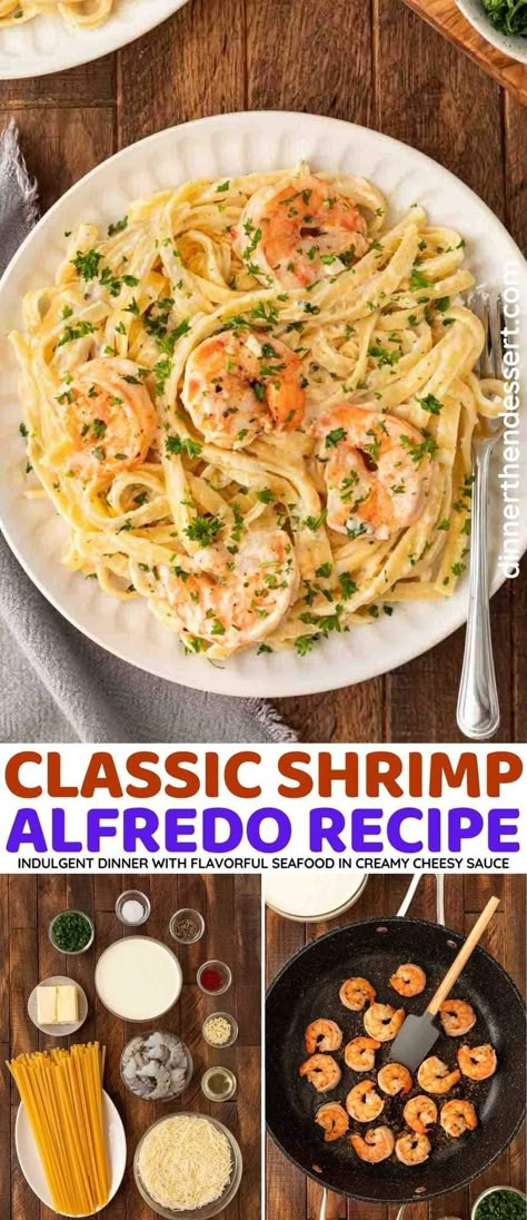 Classic Shrimp Alfredo is a fresh seafood version of alfredo pasta with fettuccine pasta, perfectly seasoned shrimp, and cheesy, creamy sauce. Shrimp And Scallops Alfredo Pasta, Shrimp Scampi Fettuccine, How To Season Shrimp For Alfredo, Fettucini Alfredo Recipe With Shrimp, Creamy Shrimp Alfredo Pasta, Shrimp Alfredo Recipe Homemade, Scallop Alfredo Pasta, Fettucini Alfredo Recipe Shrimp, Shrimp Fettuccine Alfredo Easy