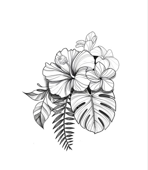 Tropical Flower Tattoo Stencil, Tropical Elephant Tattoo, Hawaiian Floral Tattoo Design, Hawaiian Foliage Tattoo, Tropical Ankle Tattoo, Plumeria Mandala Tattoo, Tropical Vacation Tattoo Ideas, Tattoo Tracing Ideas, Native Hawaiian Flower Tattoo